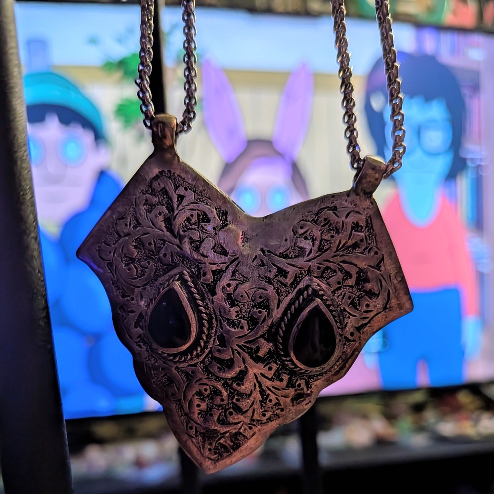 Obsidian Inlays on Silver Patina Shield Pendant